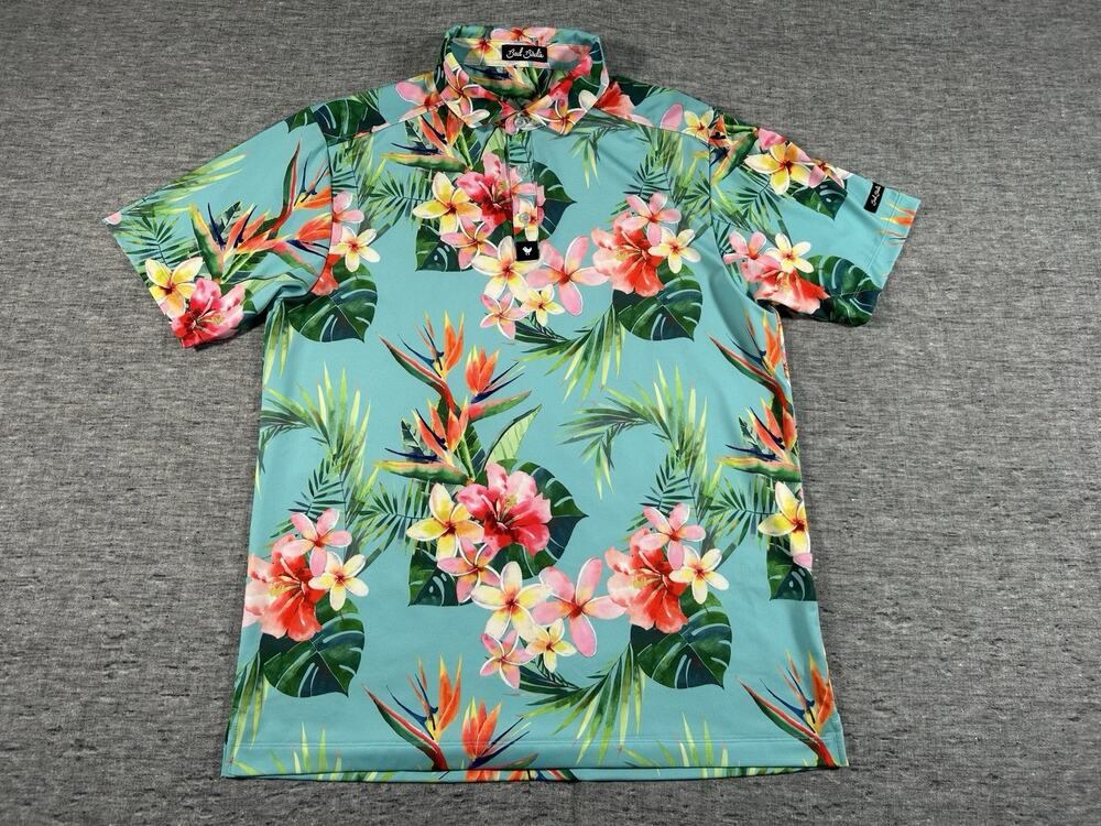 Bad Birdie Golf Polo Shirt Mens Large Green Tropical Floral Performance Stretch